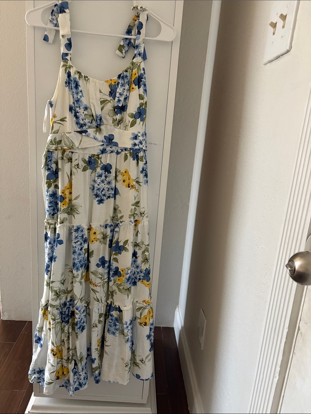 Floral Tie-Shoulder Maxi Dress in White, Blue & Yellow